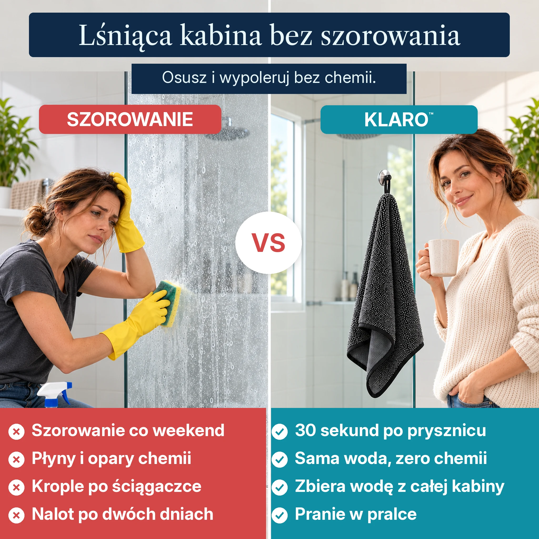 Kabina przed i po przetarciu Magicznym ręcznikiem Klaro™
